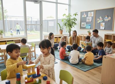 Young children playing with blocks and listening to stories with teachers in a bright, modern daycare classroom. Others play outside. Children and Teachers in a Bright Daycare Classroom
