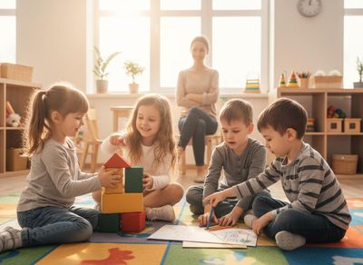 Four happy children sit on a colorful rug, two girls build with blocks while two boys draw, with a teacher watching. Children playing with blocks and drawing in a bright classroom