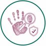 large, textured handprint, with a magnifying glass examining a clear fingerprint, and a shield icon with a checkmark, symbolizing secure background checks
