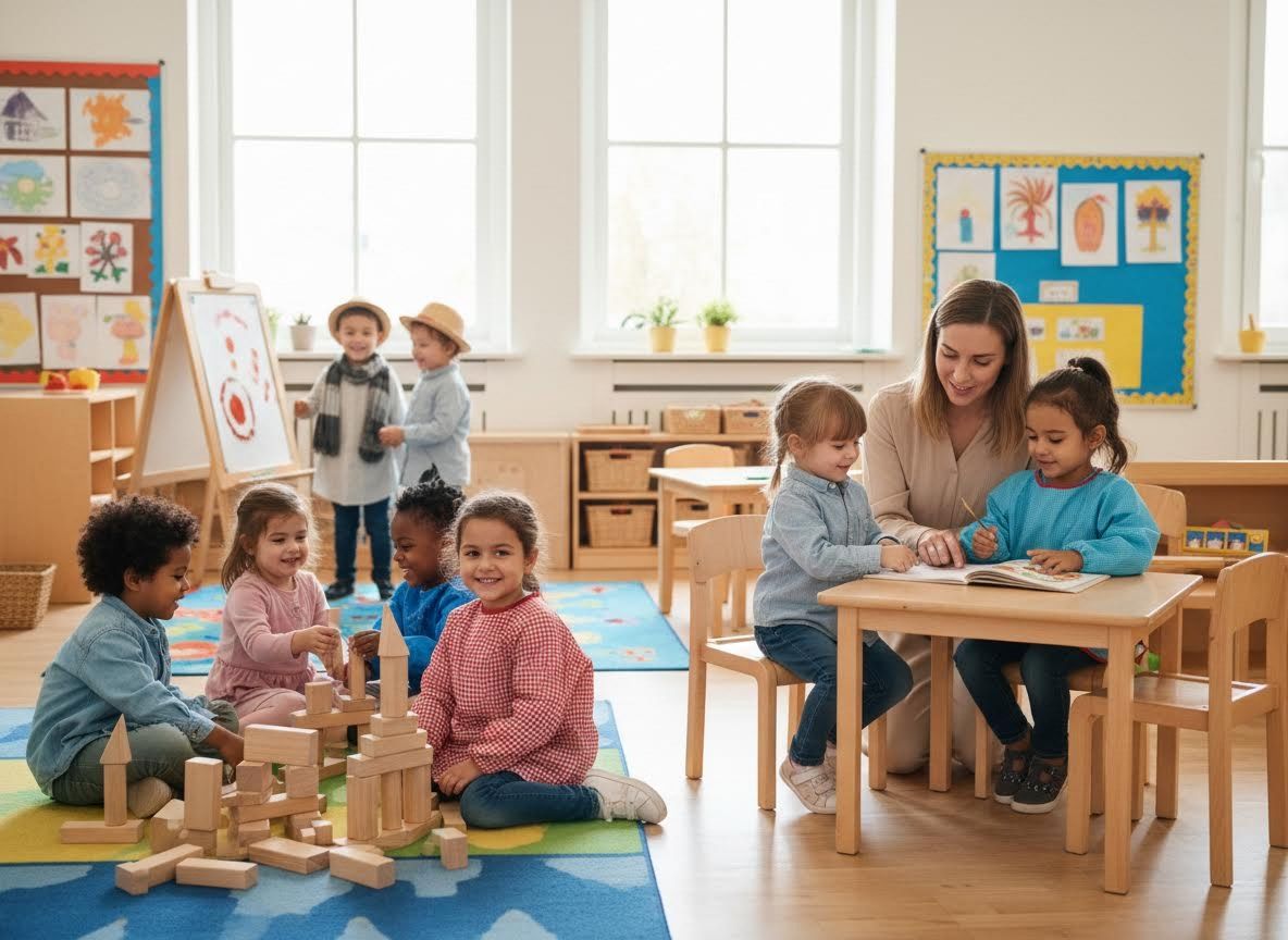 Diverse preschoolers engaged in various activities with a teacher in a bright classroom