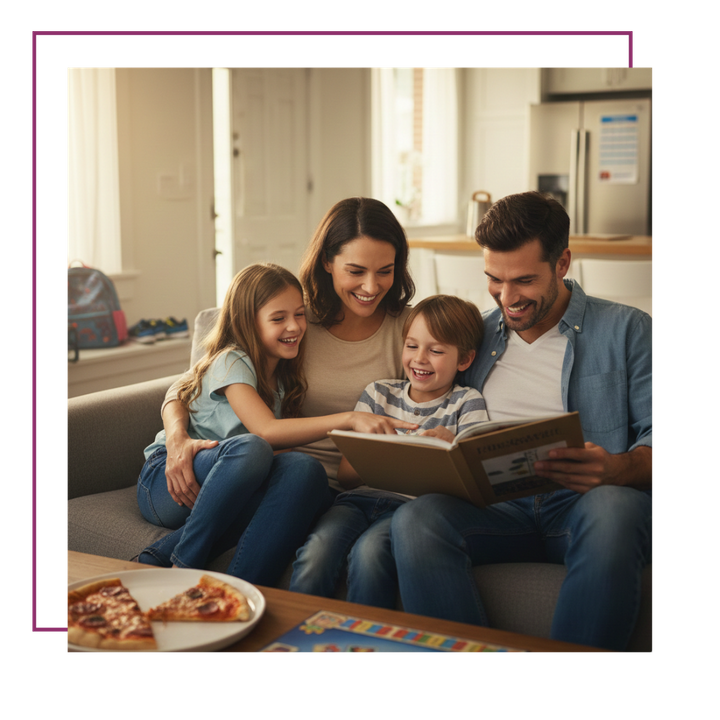 mother, father, daughter, and son are seated closely on a comfortable sofa in a bright living room, looking at a photo album or storybook together mother, father, daughter, and son are seated closely on a comfortable sofa in a bright living room, looking at a photo album or storybook together