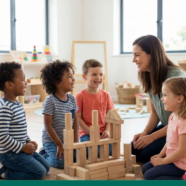 a group of pre k children playing with building blocks and laughing with their teacher