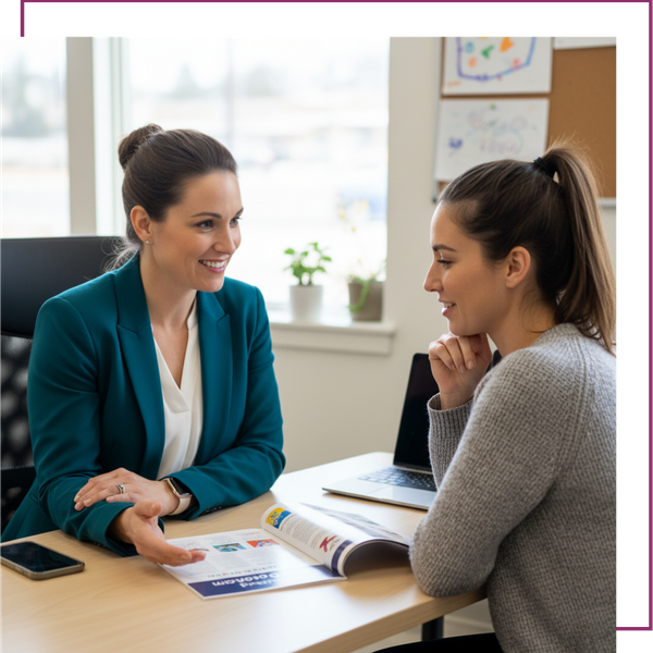 A friendly and professional preschool director sits at a desk, warmly smiling as she explains the UPK enrollment process to an interested parent.