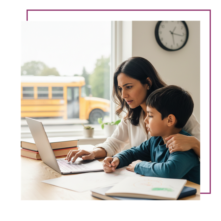 A busy mother working on a laptop at a home desk, with her young school-aged son sitting beside her, drawing A busy mother working on a laptop at a home desk, with her young school-aged son sitting beside her, drawing
