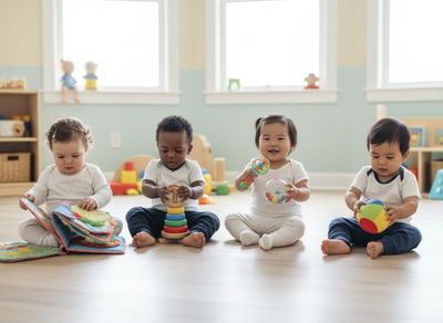 Four happy babies of diverse backgrounds sit on a wooden floor, each engaged with different colorful toys like a book, stacking rings, and rattles. Diverse Babies Playing with Toys