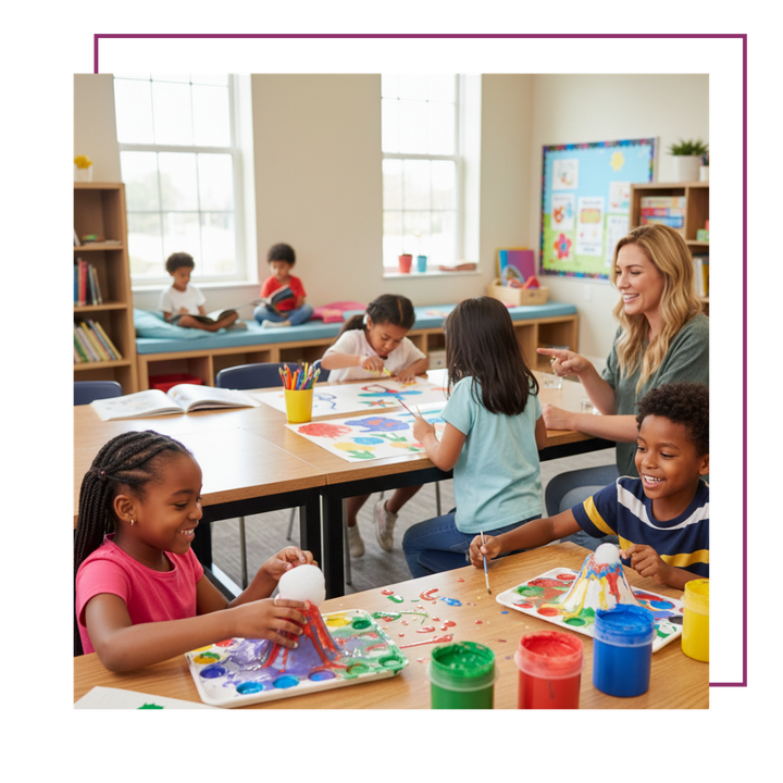 A vibrant classroom scene with school-aged children, who are engrossed in various creative after-school activities such as painting A vibrant classroom scene with school-aged children, who are engrossed in various creative after-school activities such as painting