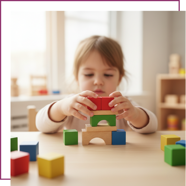 A close-up shot of a young child's hands carefully stacking colorful, natural wood building blocks on a table, illustrating focus and creative play.