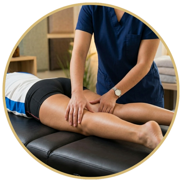 A masseuse massaging the back of an athlete's legs