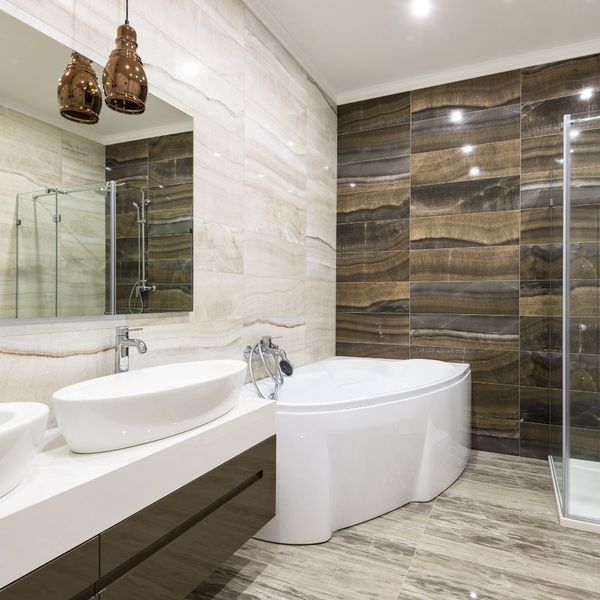 bathroom with natural marble/wood textures