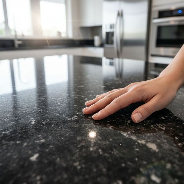 woman feeling a granite kitchen countertop
