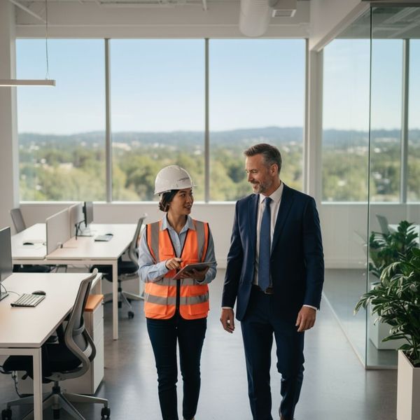 business owner talking through a completed office renovation with a contractor