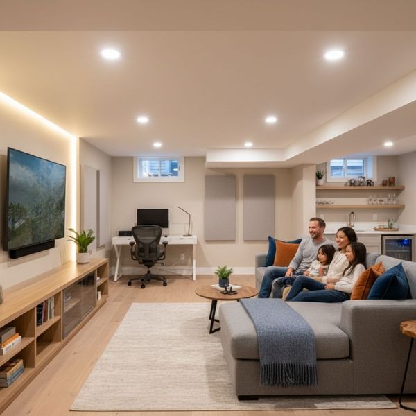 family enjoying time together in a finished basement