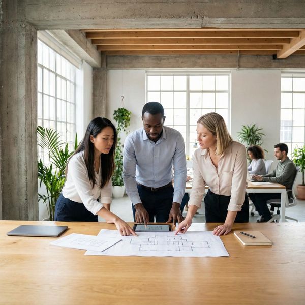 A diverse group of three colleagues collaborating around a table with plans in a modern office.