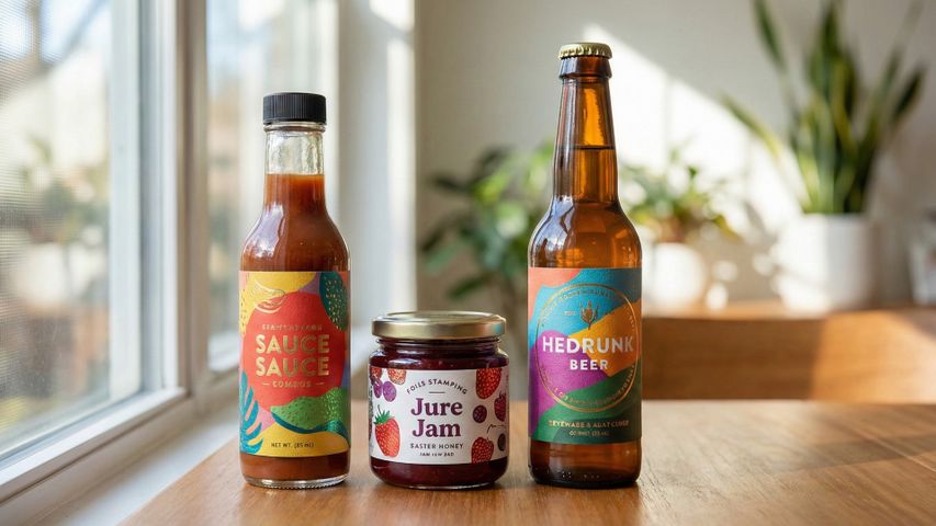 Various glass bottles displaying colorful, textured custom printed labels on a table next to a window.