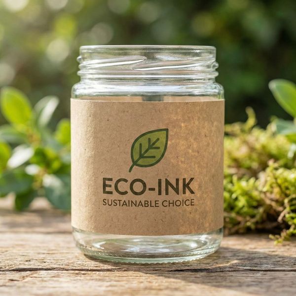 A sustainable packaging example featuring a glass jar with a recycled kraft paper label, a green leaf icon, and "Eco-Ink" text in a natural, outdoor setting.