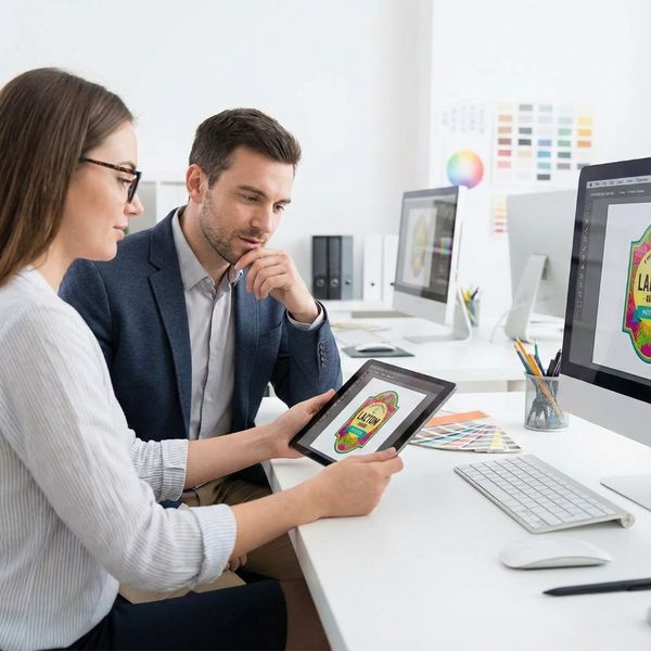 A graphic designer and a client reviewing a label design on a tablet in an office.