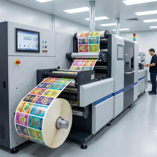 A large industrial digital label printing press machine with a roll of colorful labels in a clean facility.