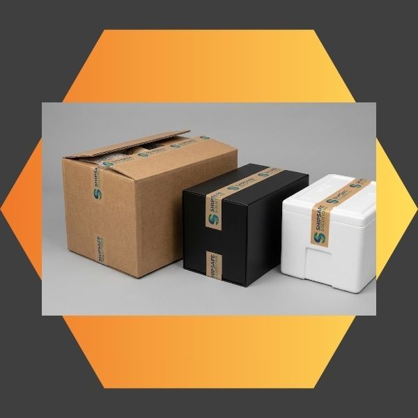 Versatile packaging applications showing custom printed tape by Impression Label securely sealing a retail box, an industrial box, and a shipping carton