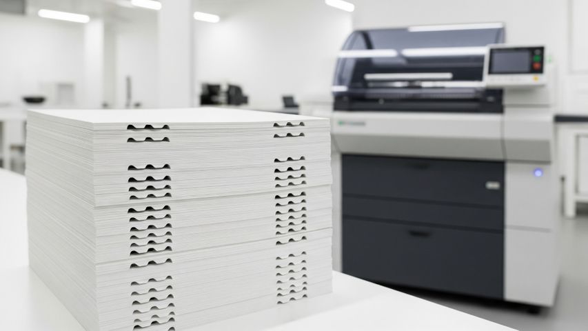 neatly stacked set of pin-fed labels with sprocket holes along the edges, printer in the background