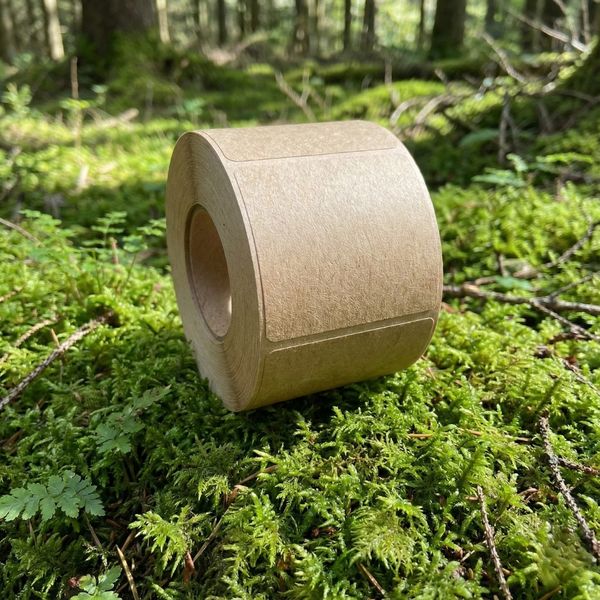 A roll of brown kraft paper labels sitting on green moss in a forest environment.