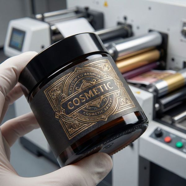 A close-up of a high-end cosmetic jar with a textured, gold-embossed label held in front of a modern flexographic label printer.