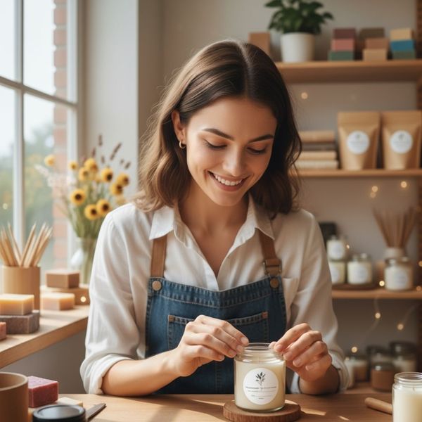 A woman placing labels onto a candle