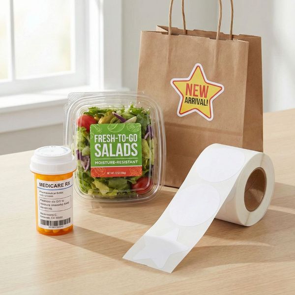 A variety of labeling applications including a pharmaceutical bottle, a moisture-resistant salad container label, and a promotional star-shaped sticker on a retail bag.