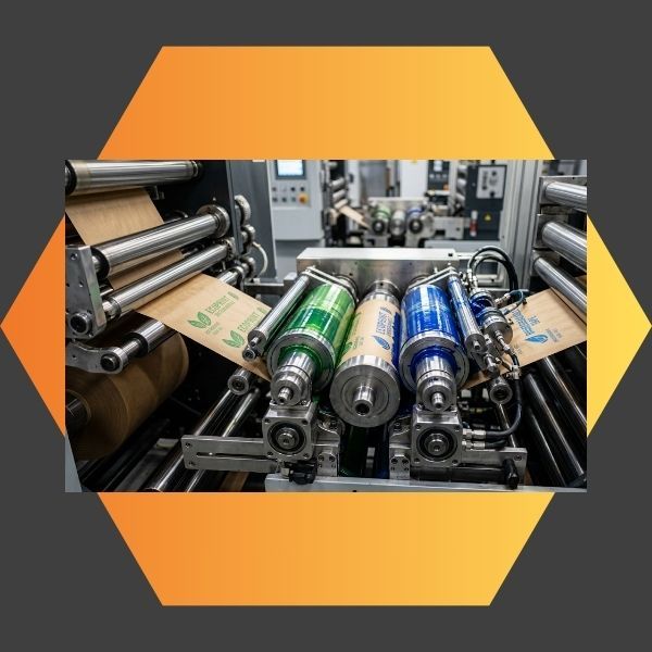 A close-up of a flexographic printing press manufacturing high-quality custom printed tape with the blue and green Impression Label logo
