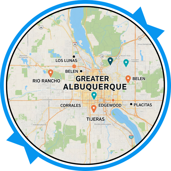 A map highlighting the greater Albuquerque metropolitan area, with Rio Rancho, Los Lunas, Belen, Tijeras, Edgewood, Corrales, and Placitas clearly marked. A map highlighting the greater Albuquerque metropolitan area, with Rio Rancho, Los Lunas, Belen, Tijeras, Edgewood, Corrales, and Placitas clearly marked.
