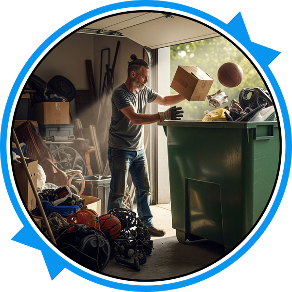 A realistic scene of a person, a middle-aged man with a messy bun, cleaning out a cluttered garage. A realistic scene of a person, a middle-aged man with a messy bun, cleaning out a cluttered garage.