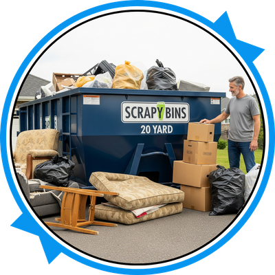 a homeowner stands next to a larger 20-yard Scrapy Bins dumpster being used for a larger cleanup, with piles of old furniture and debris nearby. a homeowner stands next to a larger 20-yard Scrapy Bins dumpster being used for a larger cleanup, with piles of old furniture and debris nearby.