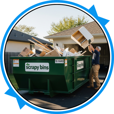 A person is seen easily tossing old kitchen cabinets into the a 15-yard Scrapy Bins dumpster in a driveway A person is seen easily tossing old kitchen cabinets into the a 15-yard Scrapy Bins dumpster in a driveway