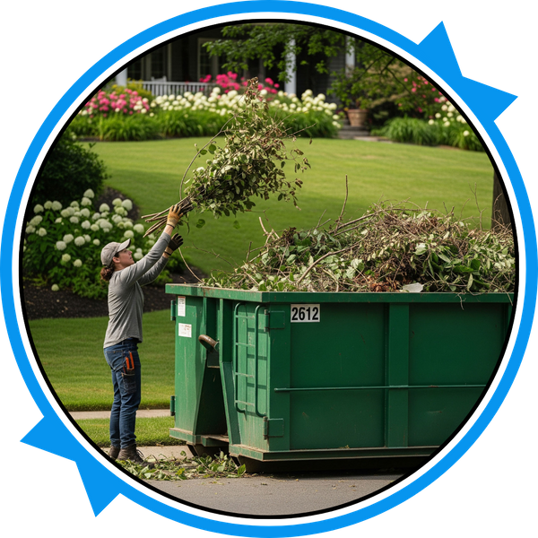 A candid, street photography style image of a person, possibly a landscaper or homeowner, using a large, green dumpster to dispose of debris from a recent landscaping project. A candid, street photography style image of a person, possibly a landscaper or homeowner, using a large, green dumpster to dispose of debris from a recent landscaping project.