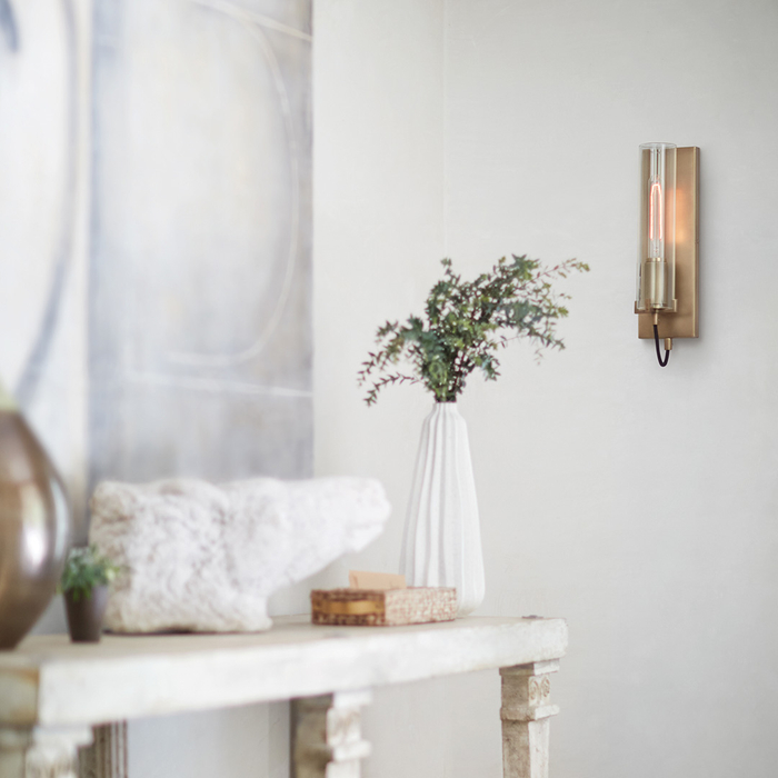 An industrial sconce in a neutral living aream