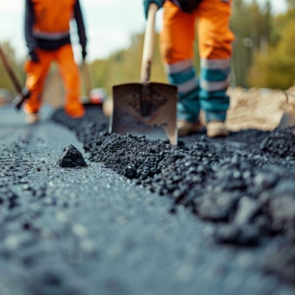 close up of a worker shoveling asphalt
