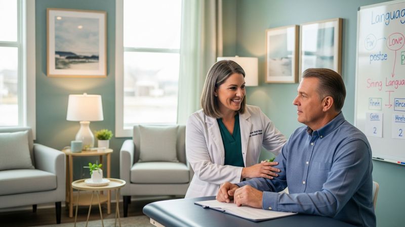 compassionate speech pathologist works with an adult male patient