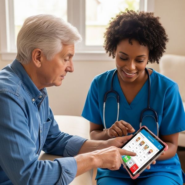 older adult and a speech pathologist using a tablet for a cognitive-communication older adult and a speech pathologist using a tablet for a cognitive-communication