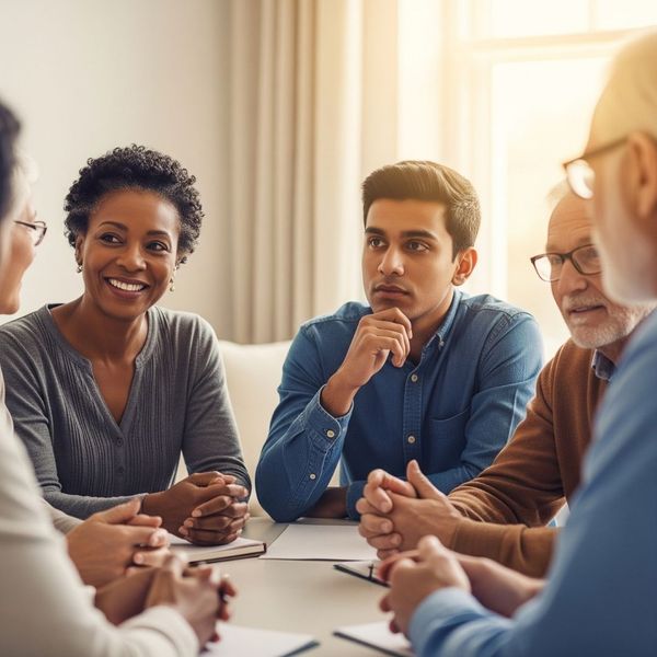 diverse group of adults in a support group, listening diverse group of adults in a support group, listening