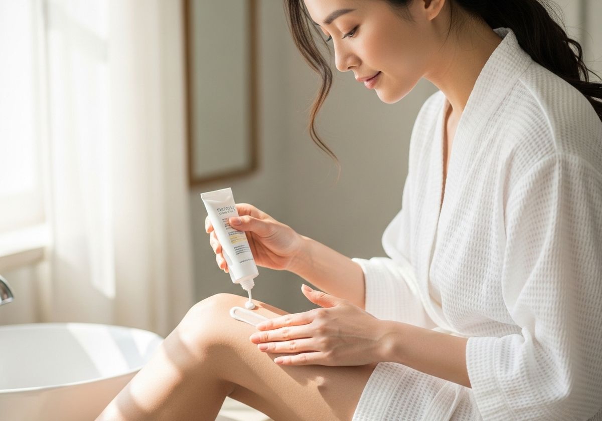 Woman applying lotion to her leg