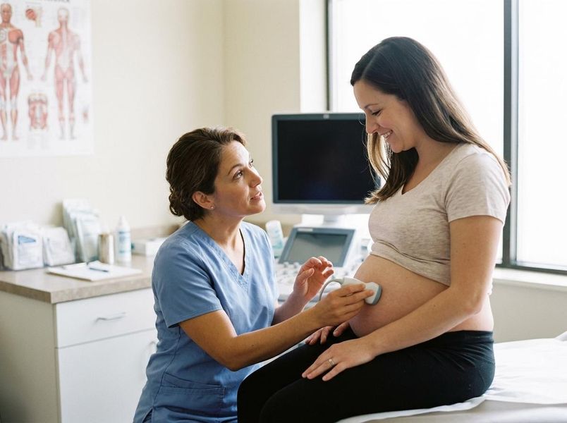 A smiling pregnant woman sits on an examination table while a healthcare professional performs an ultrasound on her belly, checking the baby's health. Pregnant Woman Receiving Ultrasound