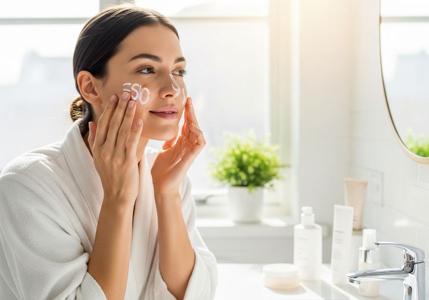 Woman Applying Skincare in Bathroom