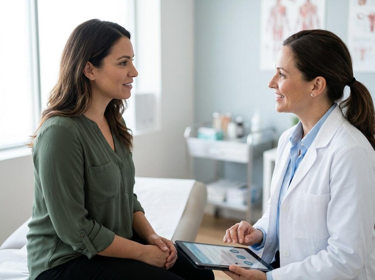 Doctor and patient reviewing information on a tablet