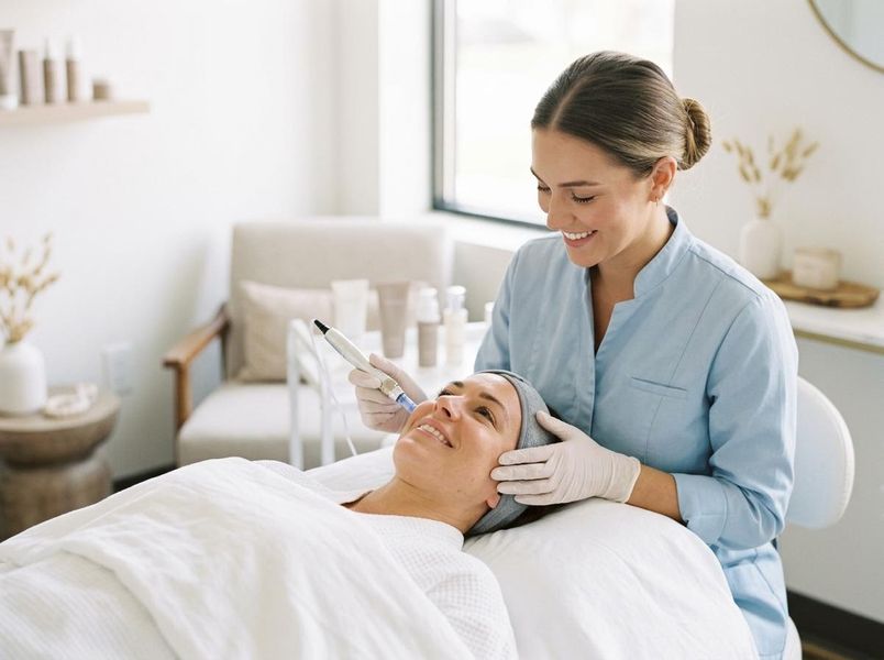 A smiling esthetician uses a microneedling device on a happy client's face during a professional skincare session. Esthetician performing professional facial treatment
