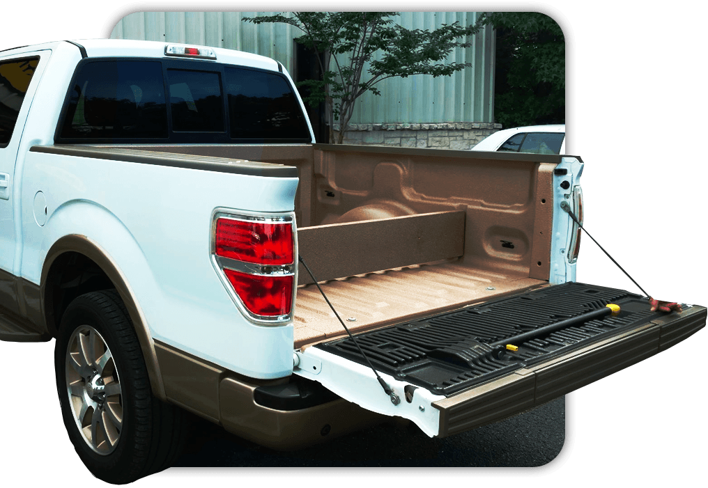 Open tailgate of a truck with a Line-X bed liner applied