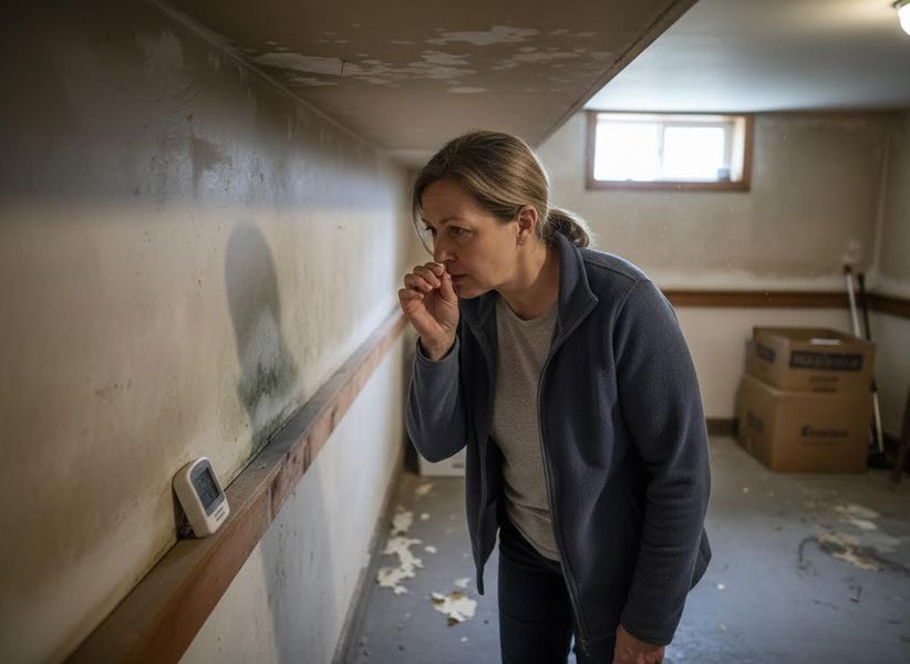 A woman with her hand to her nose examines dark mold growth and water damage on a wall in a musty, cluttered basement with a digital sensor. Woman inspecting mold and water damage in a damp basement