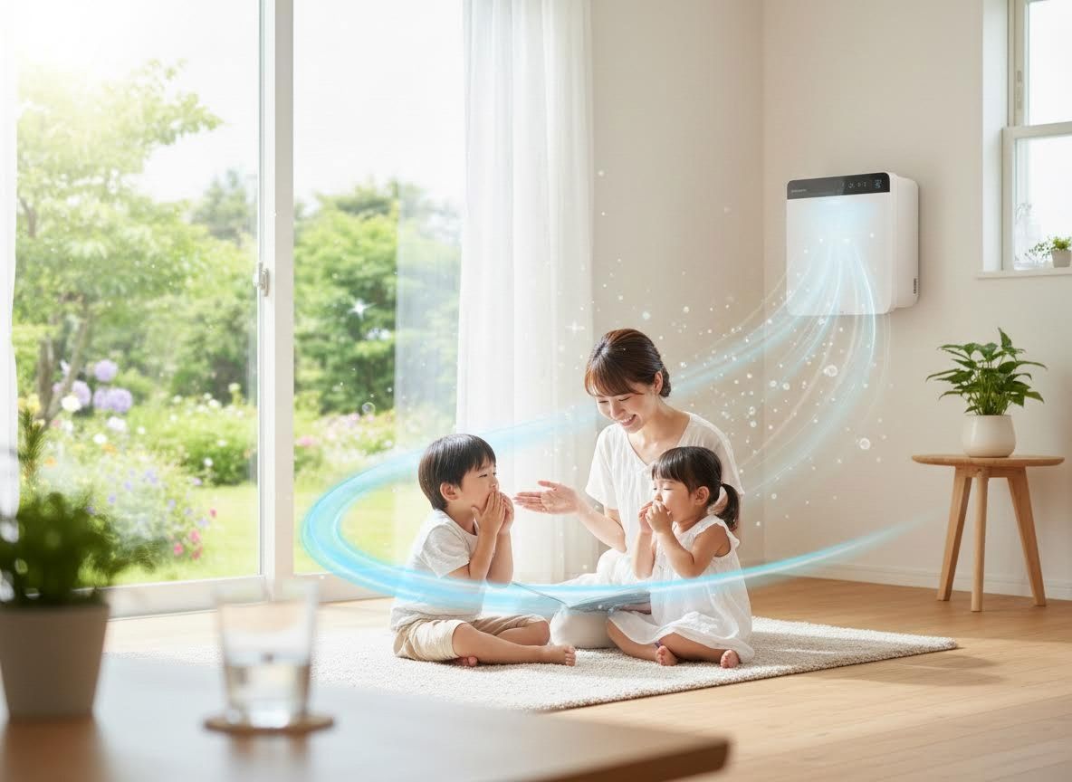 Family enjoying clean air from a wall-mounted air purifier