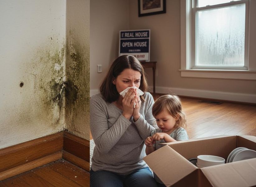 Woman Sneezing in a Moldy House with Child During Open House