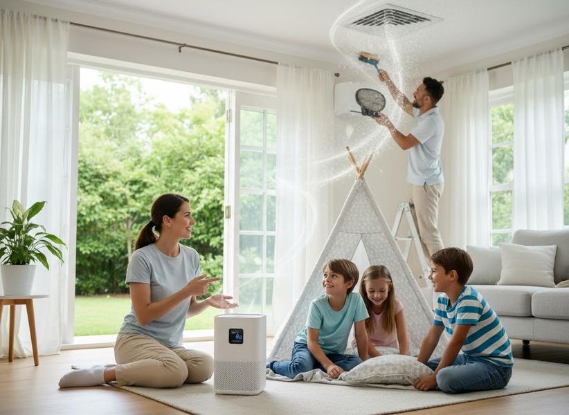 Family ensuring clean air with an air purifier