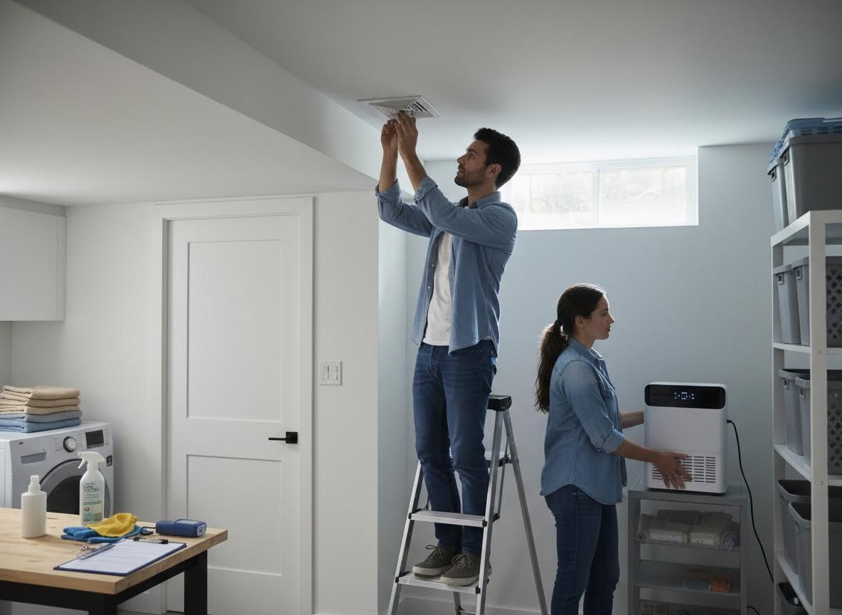 Couple installing a ceiling vent and setting up an air purifier in a modern utility room