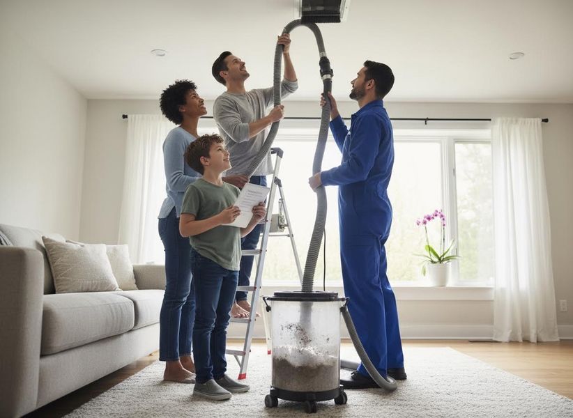 Family watches technician clean air ducts